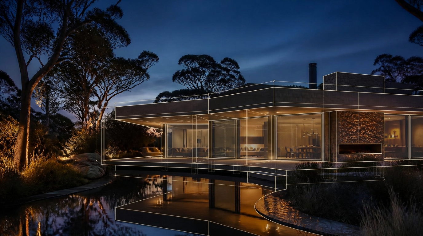 The same residence with an aligned architectural CAD overlay and partially transparent facade