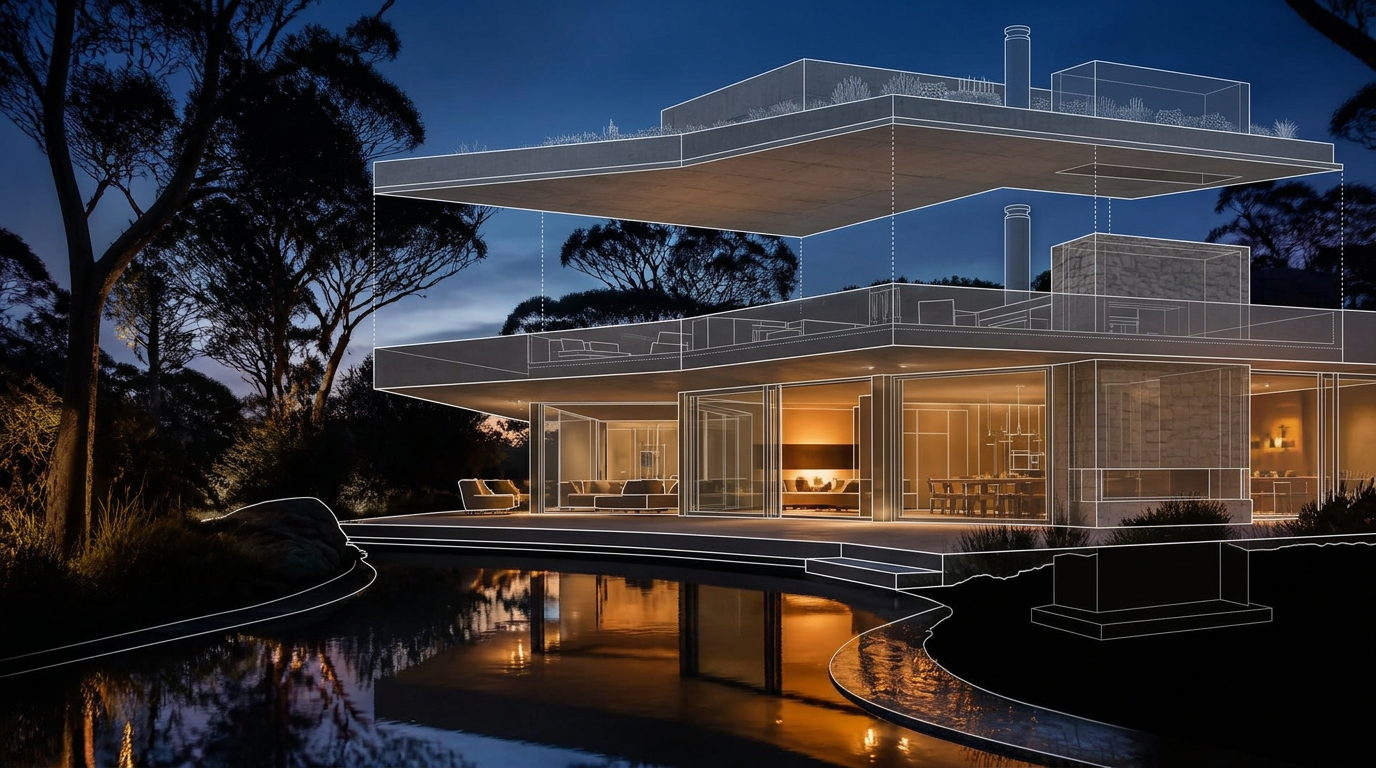 The same residence as an architectural cutaway with separated floor plates