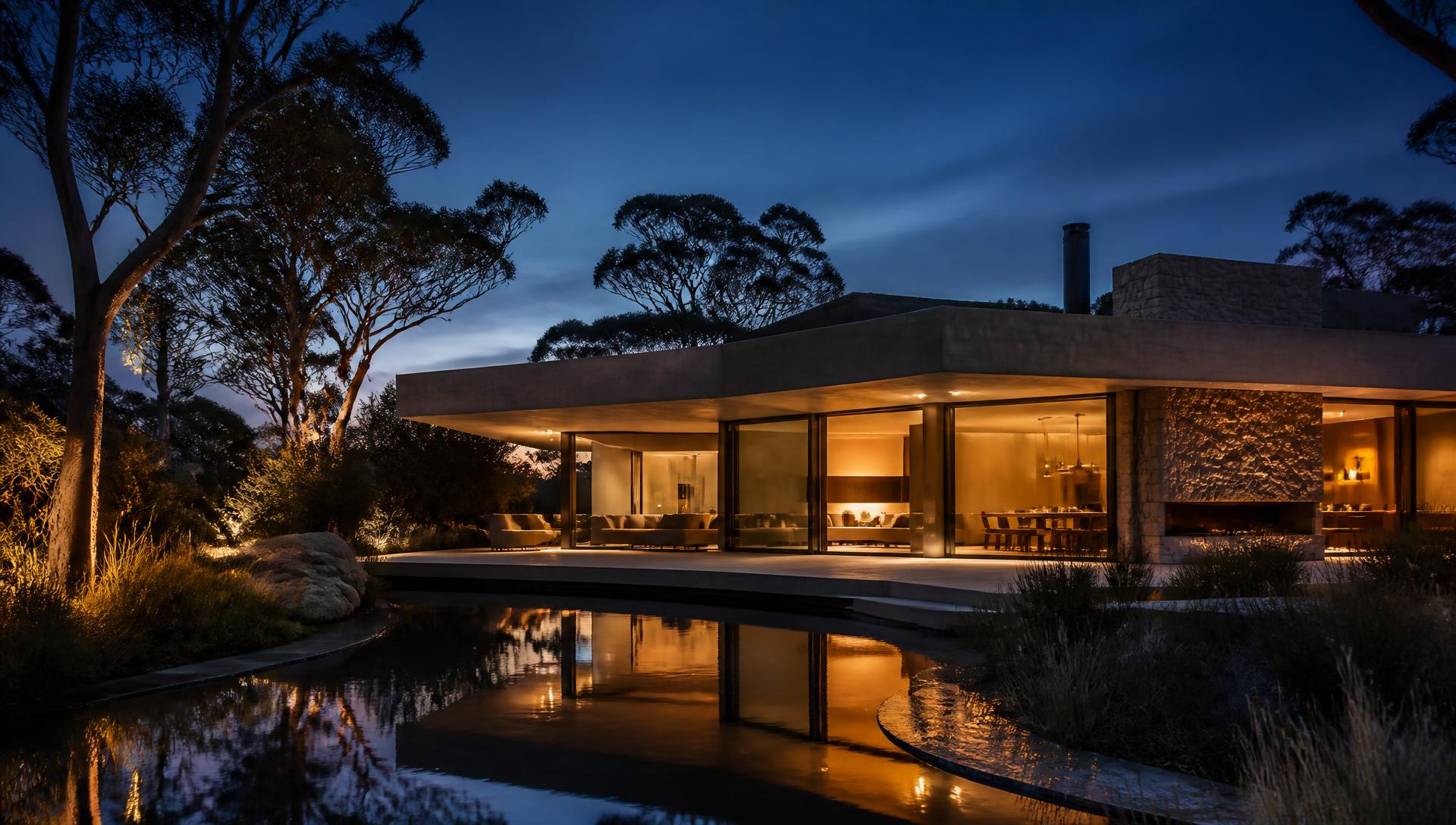 Dusk exterior of a modern Australian luxury residence with warm interior light reflected in a still pool