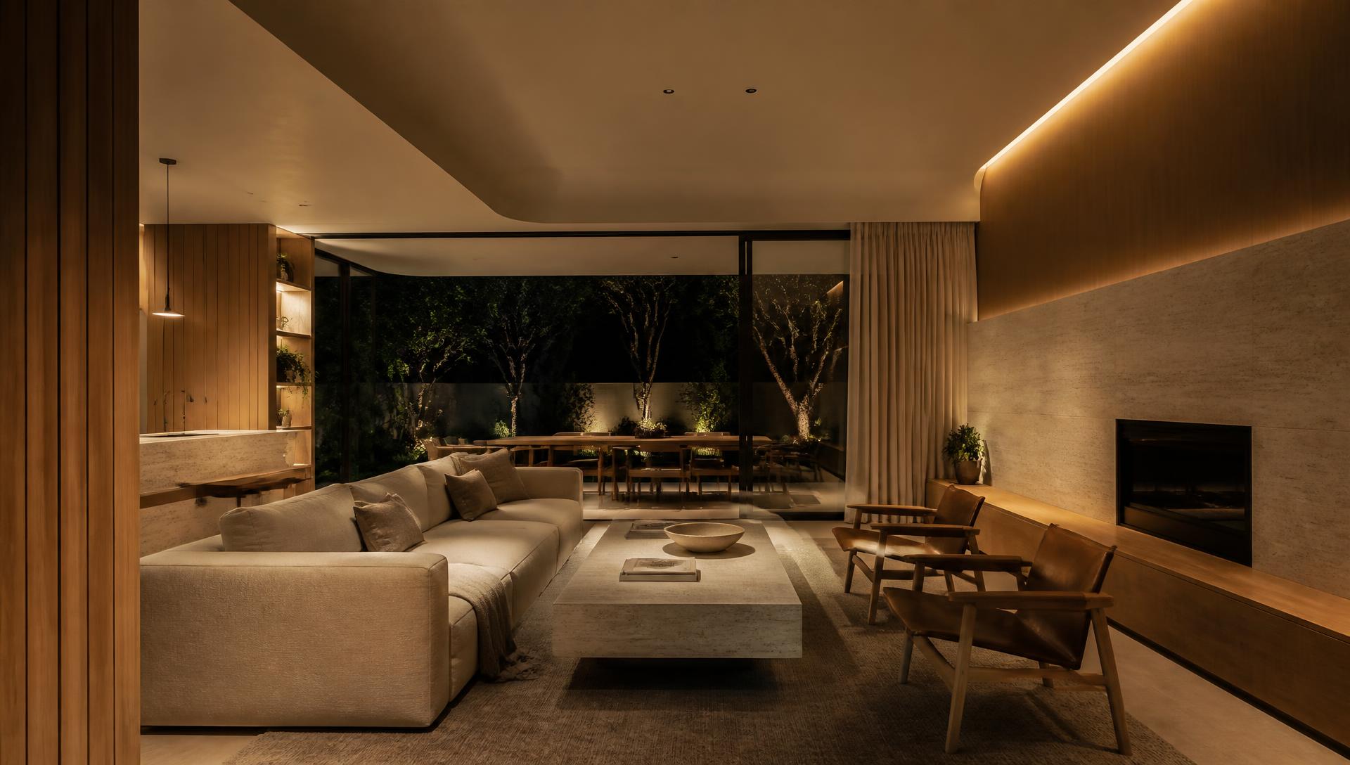 Warm minimal living room at night with concealed integrated lighting