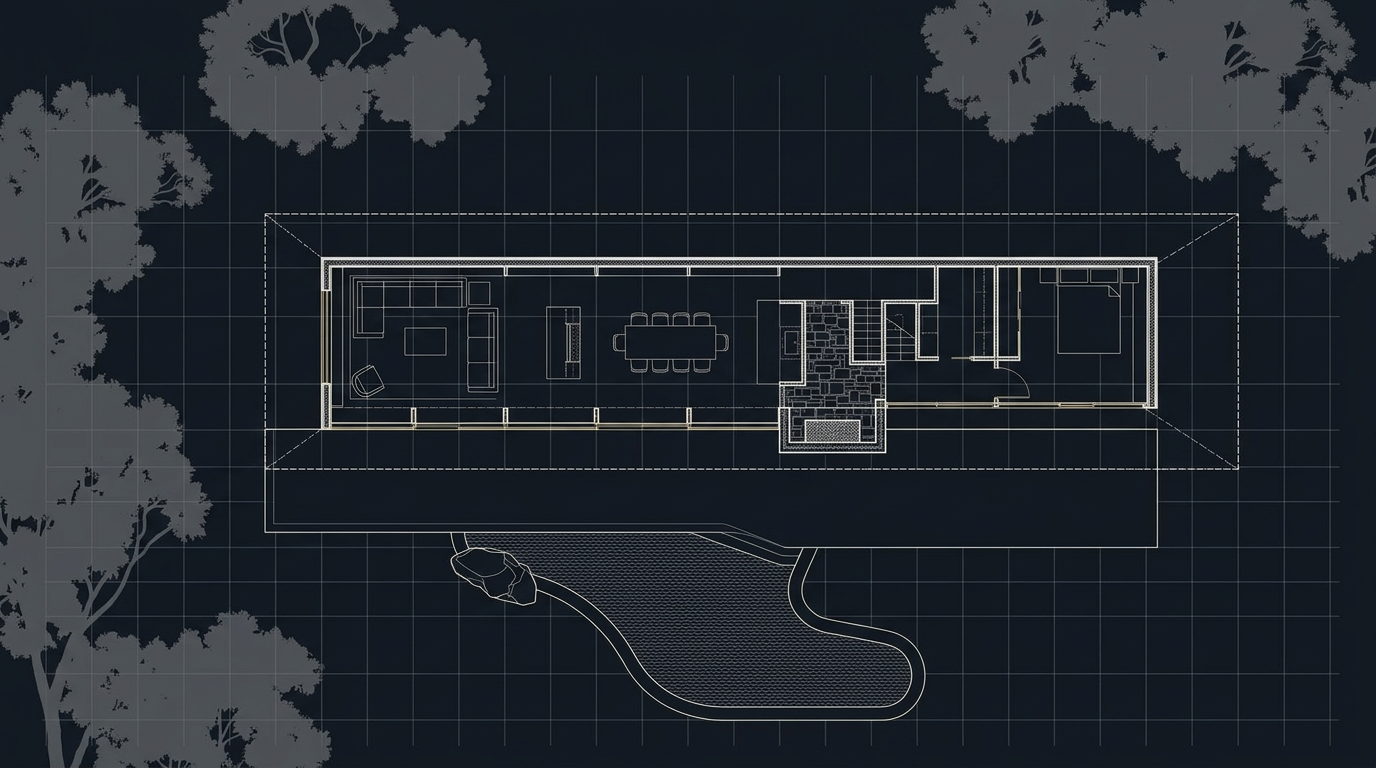 Overhead blueprint derived from the same residence's footprint and reflecting pool